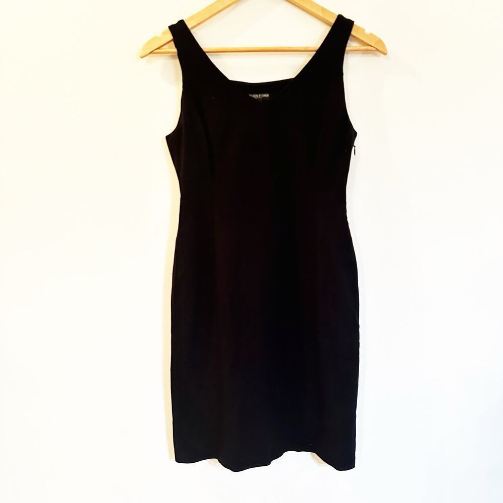 Eileen Fisher Black Ponte Knit V Neck Sheath Dress Sleeveless Sz PP